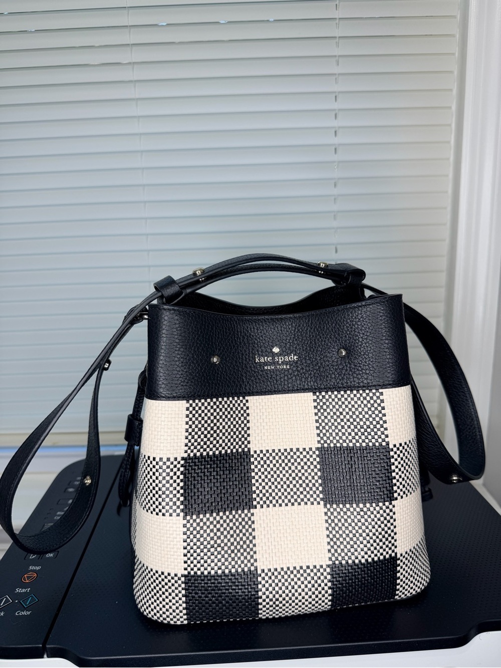 kate spade Black & Cream Check Bucket Shoulder Bag